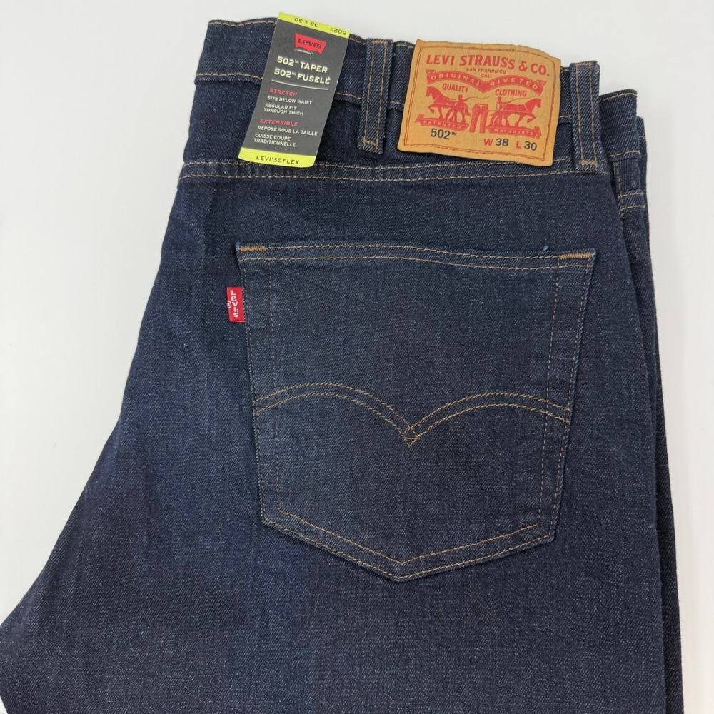 Levis 502 Taper Jeans Mens 38x30 Fits 38x29 Dark Wash Indigo Regular Fit NEW
